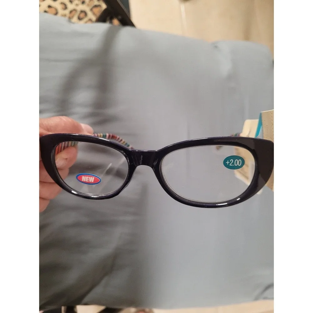Cat Eye Reading Glasses Navy Whymsigoth Eclectic Multi Stripe +2.00 Strength NWT
